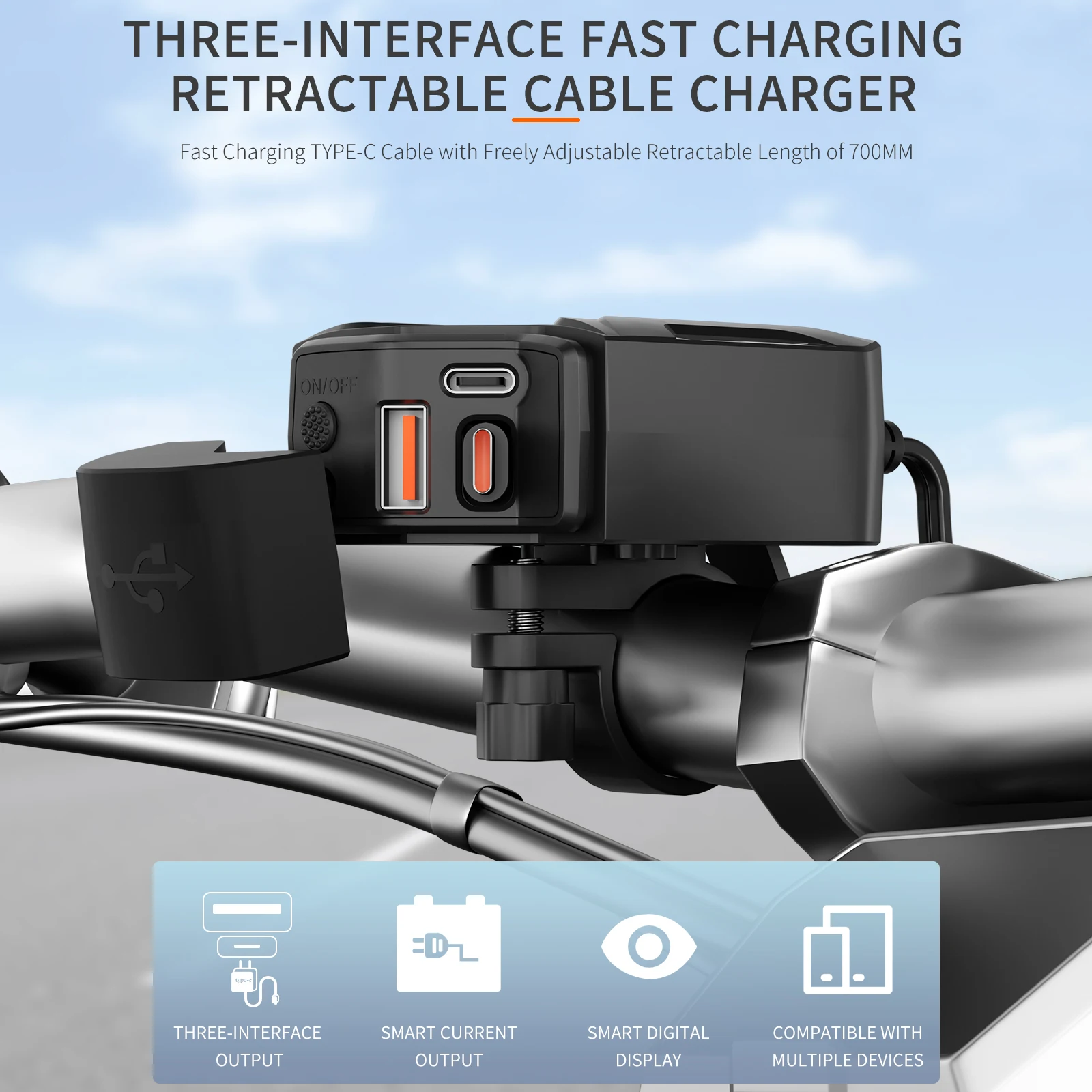 Extractme Motorcycle USB Fast Charger Waterproof Socket With Type C QC3.0 Power Outlet Moto Phone Charger with Voltmeter &Switch