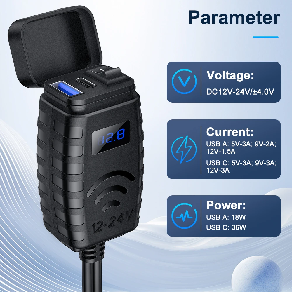 Extractme Motorcycle USB Fast Charger Waterproof Socket With Type C QC3.0 Power Outlet Moto Phone Charger with Voltmeter &Switch