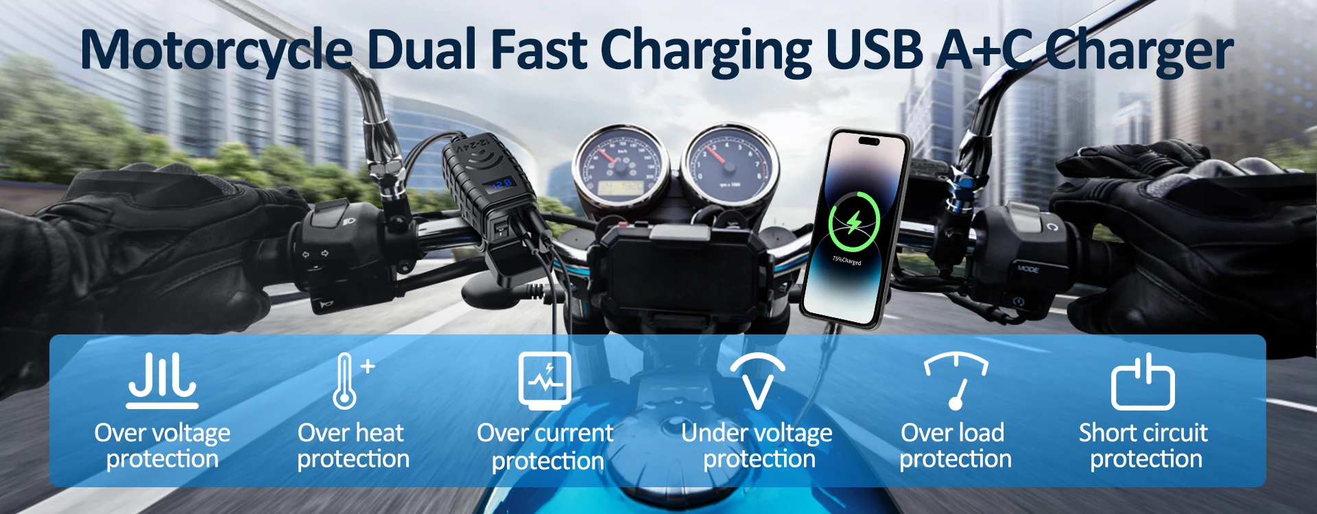 Extractme Motorcycle USB Fast Charger Waterproof Socket With Type C QC3.0 Power Outlet Moto Phone Charger with Voltmeter &Switch