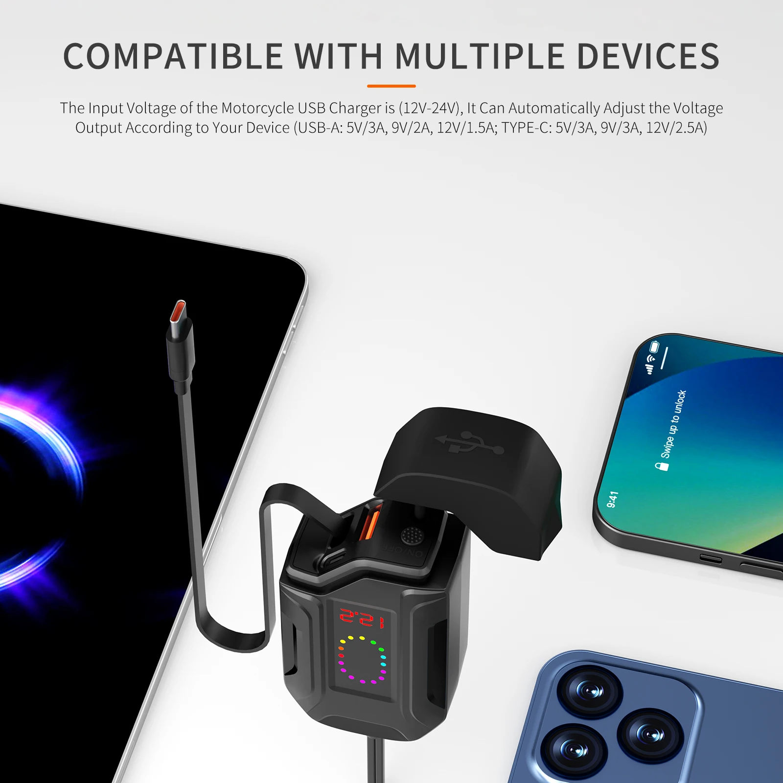 Extractme Motorcycle USB Fast Charger Waterproof Socket With Type C QC3.0 Power Outlet Moto Phone Charger with Voltmeter &Switch