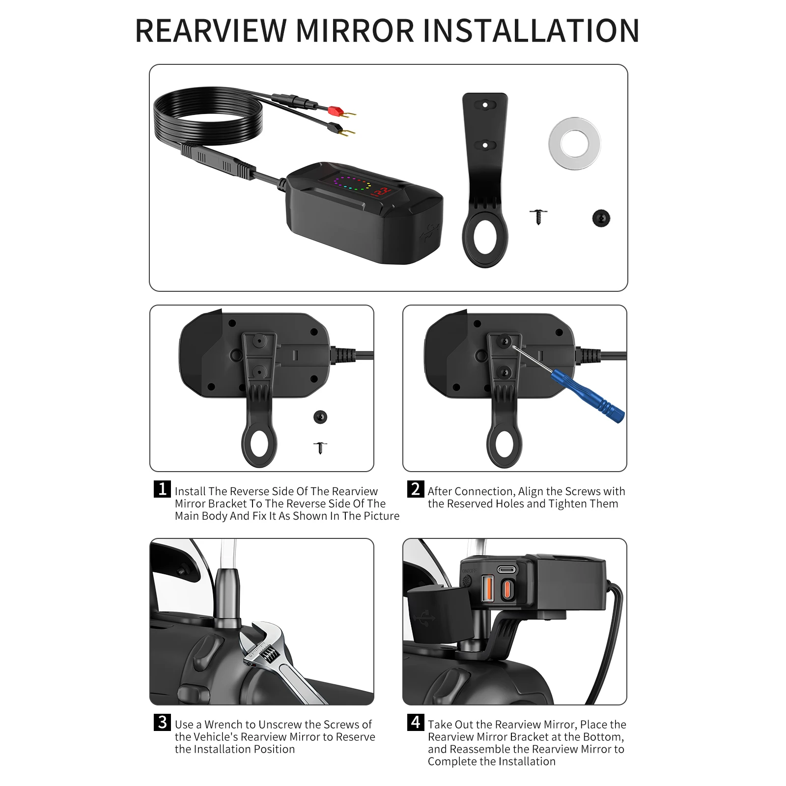 Extractme Motorcycle USB Fast Charger Waterproof Socket With Type C QC3.0 Power Outlet Moto Phone Charger with Voltmeter &Switch