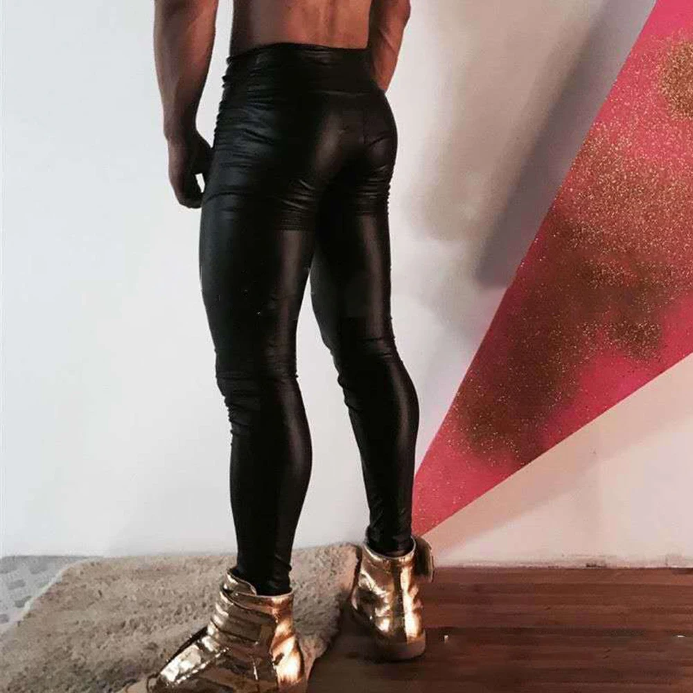 Men's PU Leather Classic Oily Shiny Legging Wet Look Sexy Skinny Pouch Pants Seamless Trousers Clubwear Solid Color Male Tight