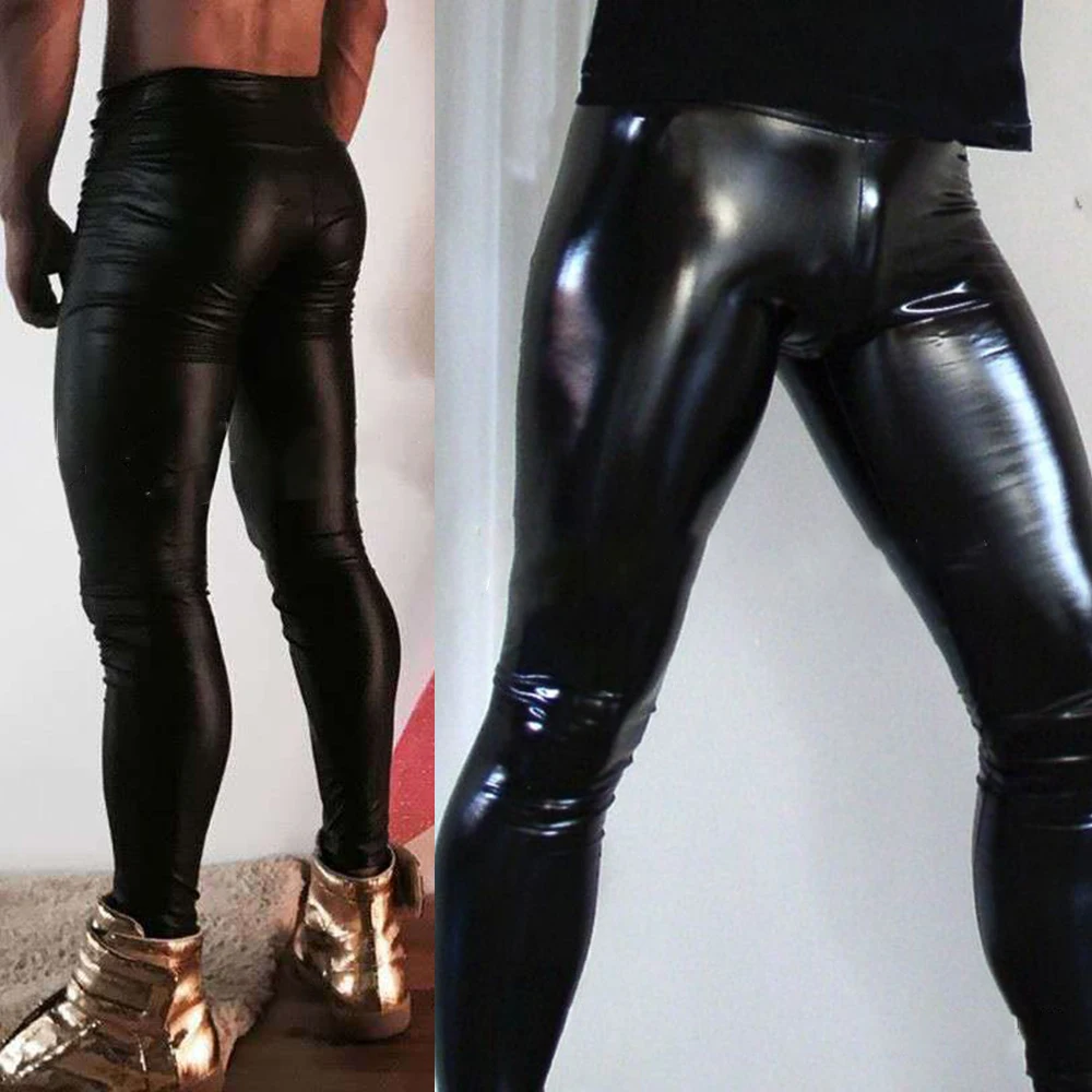 Men's PU Leather Classic Oily Shiny Legging Wet Look Sexy Skinny Pouch Pants Seamless Trousers Clubwear Solid Color Male Tight