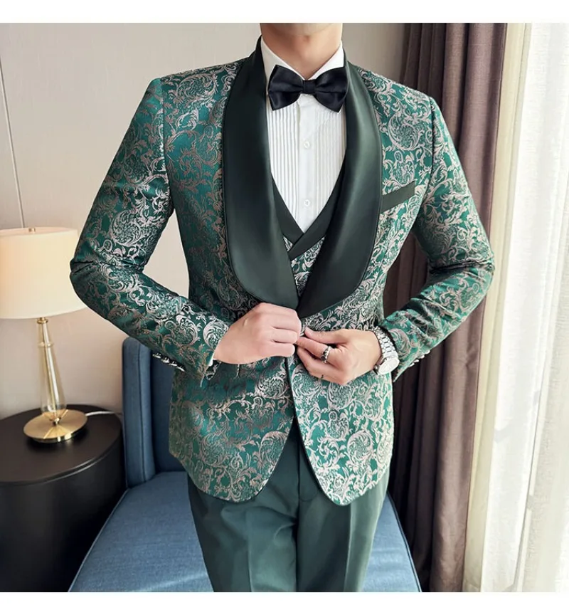 Spring 2025 Men's British Style Business Casual Three-Piece Suit Vest Trousers High-Density Jacquard Wedding Dress