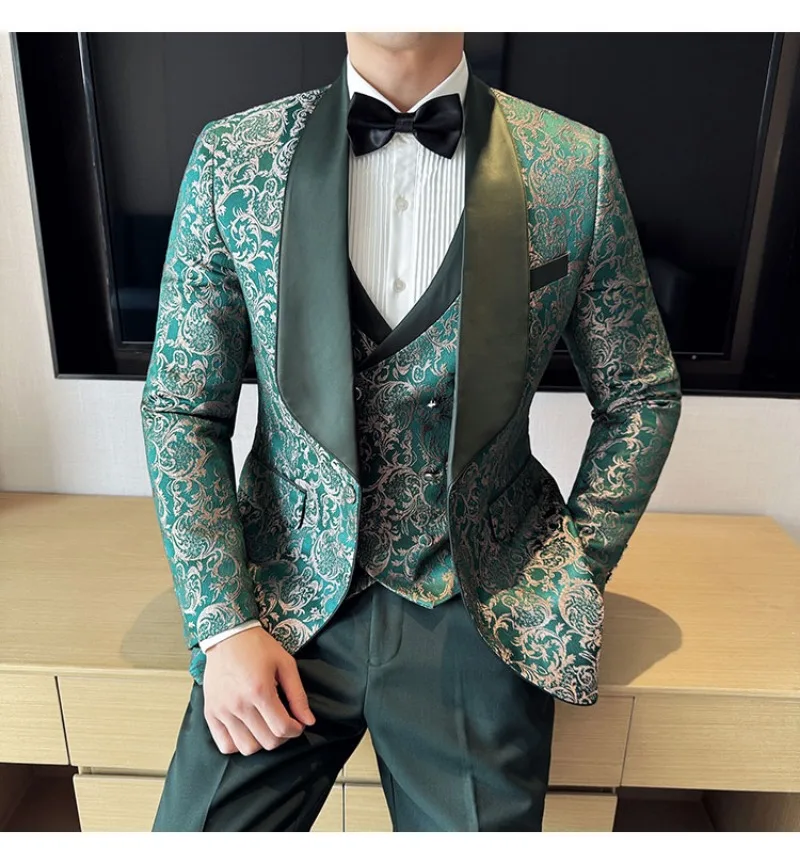 Spring 2025 Men's British Style Business Casual Three-Piece Suit Vest Trousers High-Density Jacquard Wedding Dress
