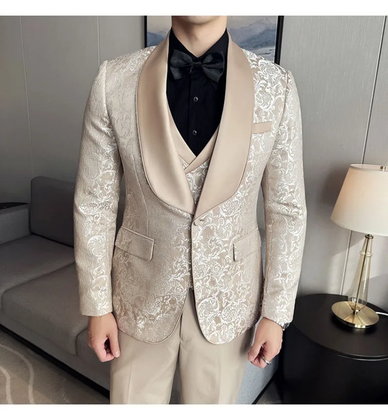 Spring 2025 Men's British Style Business Casual Three-Piece Suit Vest Trousers High-Density Jacquard Wedding Dress