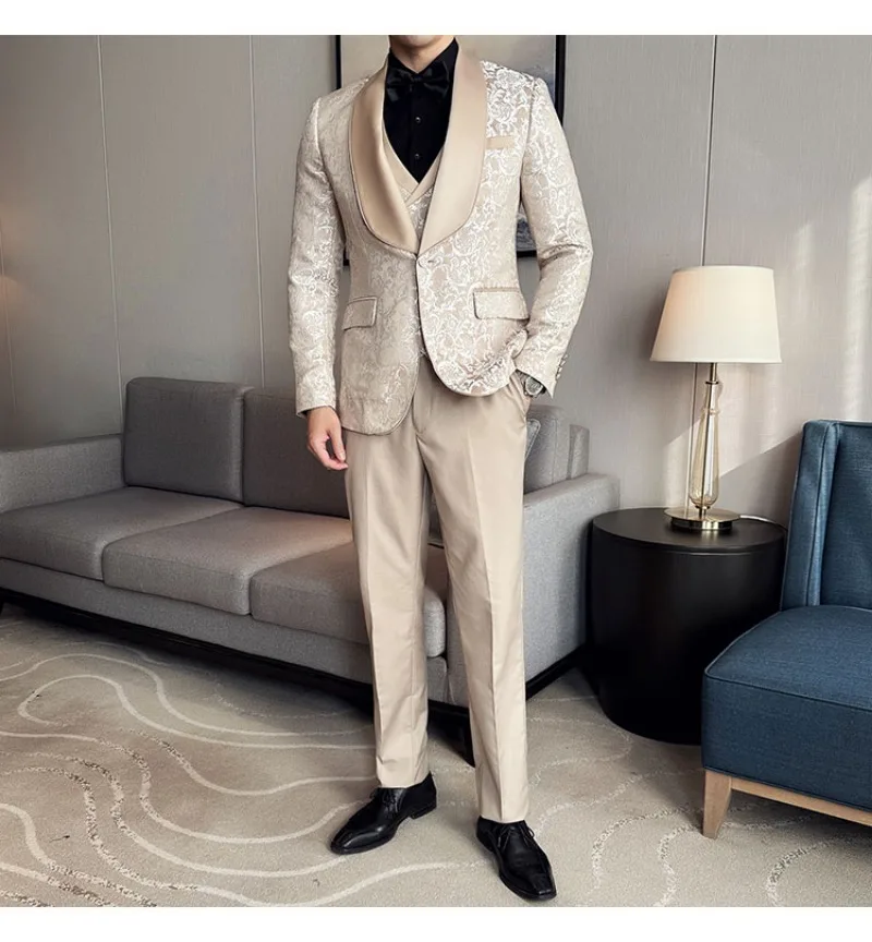 Spring 2025 Men's British Style Business Casual Three-Piece Suit Vest Trousers High-Density Jacquard Wedding Dress