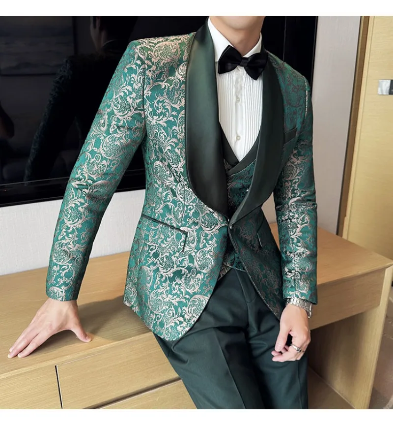 Spring 2025 Men's British Style Business Casual Three-Piece Suit Vest Trousers High-Density Jacquard Wedding Dress