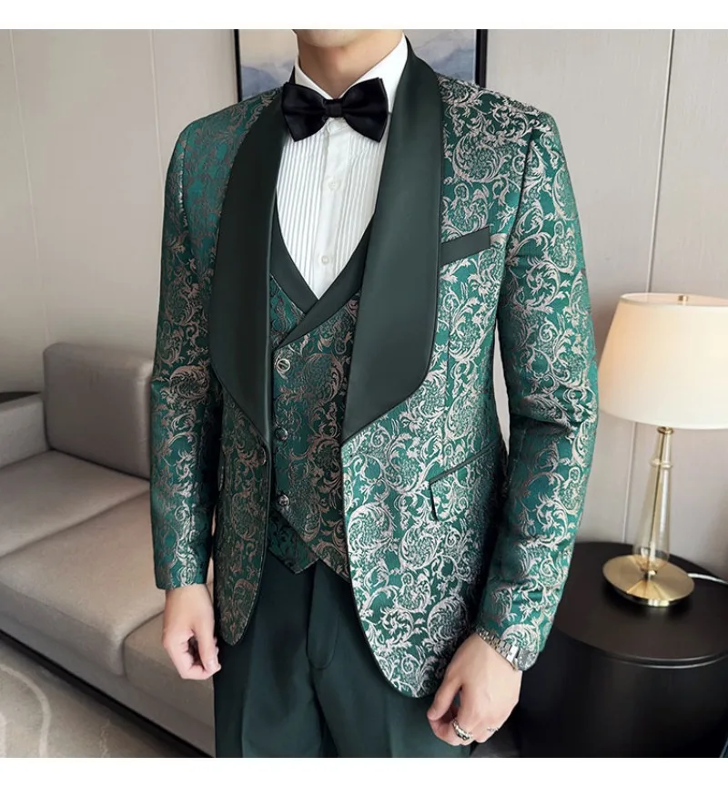 Spring 2025 Men's British Style Business Casual Three-Piece Suit Vest Trousers High-Density Jacquard Wedding Dress