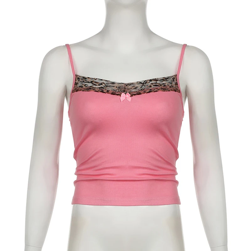 Women's Vintage Leopard Print Crop Top - Sleeveless, Cute Bow Patchwork, Y2K Style, Casual Tees