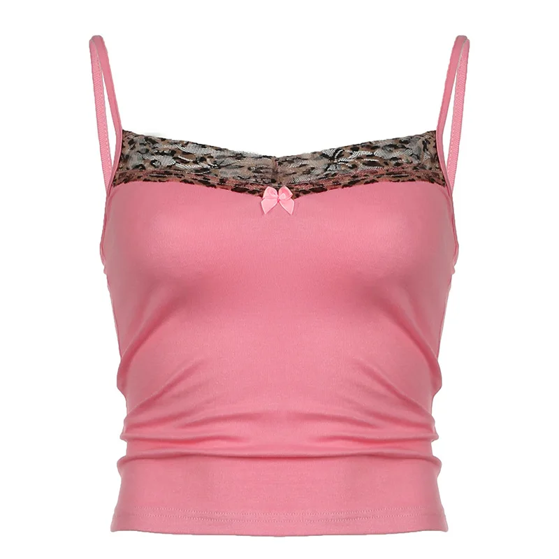 Women's Vintage Leopard Print Crop Top - Sleeveless, Cute Bow Patchwork, Y2K Style, Casual Tees