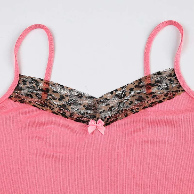 Women's Vintage Leopard Print Crop Top - Sleeveless, Cute Bow Patchwork, Y2K Style, Casual Tees