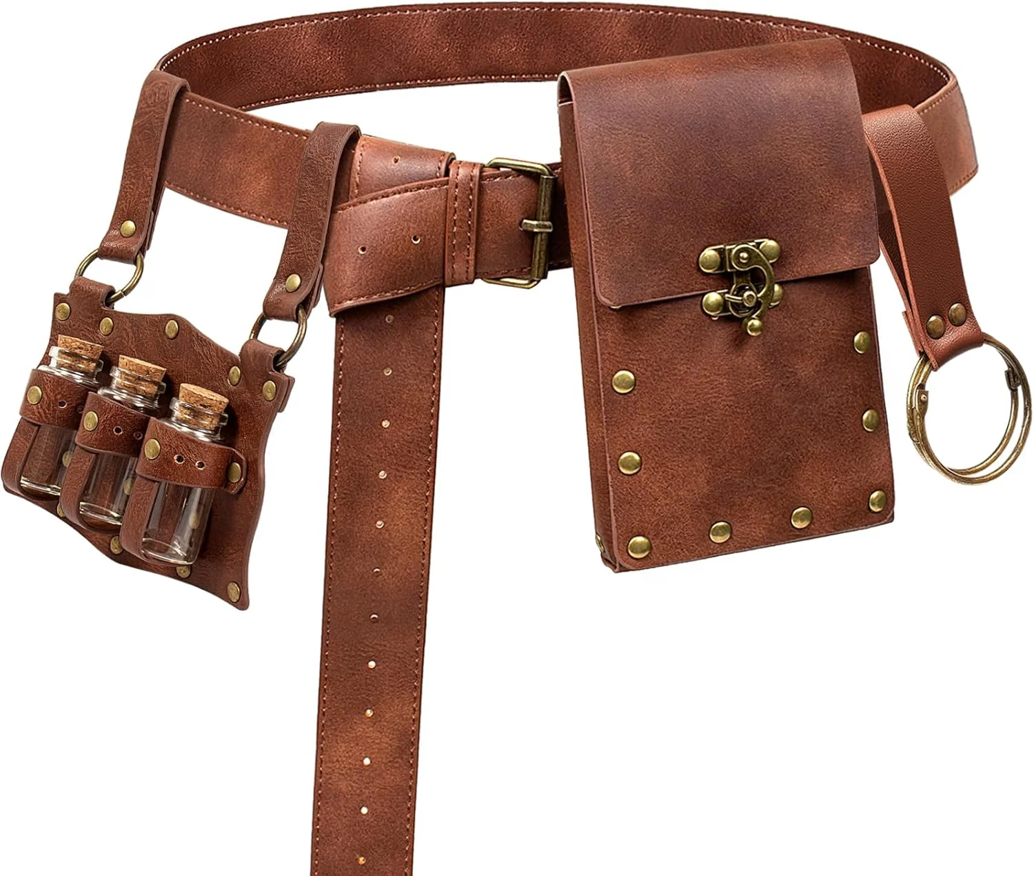 Vintage Renaissance Festival PU Leather Belt Waist Bag with Pouch and Potion Bottle Holder Halloween Witch Cosplay Set