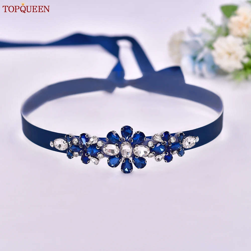TOPQUEEN Handmade Wedding Belt Navy Blue Stone Floral Design Bridal Ribbon Belt Wedding Accessories Bridesmaid Sash S45-ML