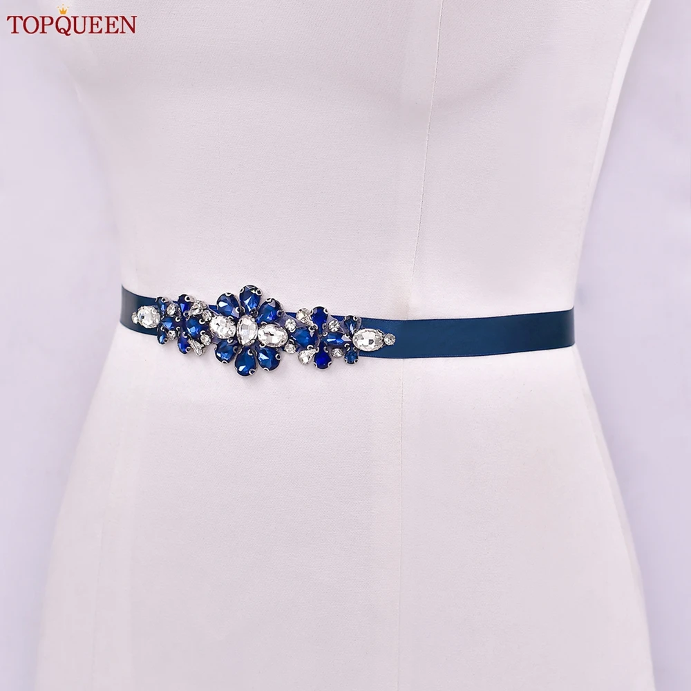 TOPQUEEN Handmade Wedding Belt Navy Blue Stone Floral Design Bridal Ribbon Belt Wedding Accessories Bridesmaid Sash S45-ML