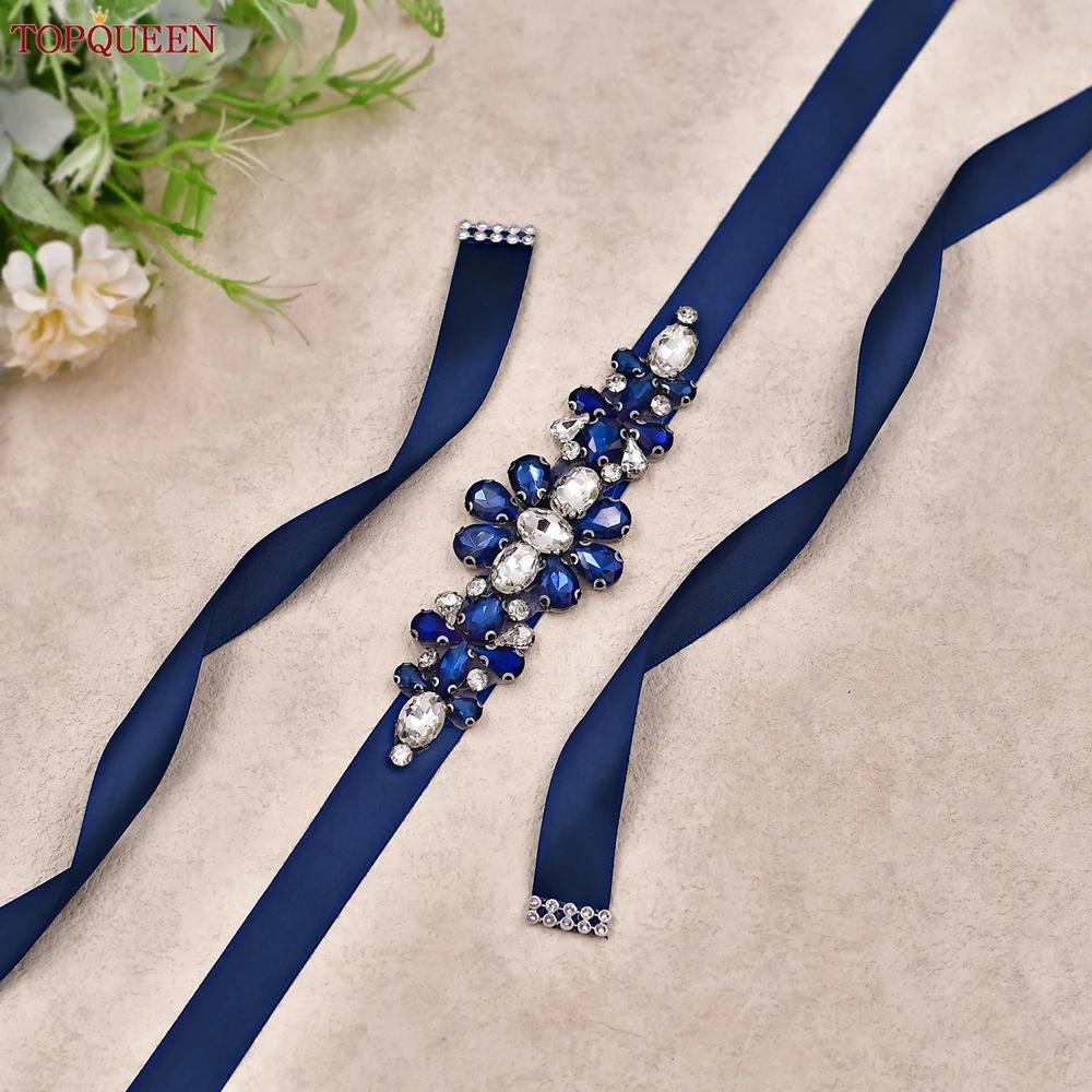 TOPQUEEN Handmade Wedding Belt Navy Blue Stone Floral Design Bridal Ribbon Belt Wedding Accessories Bridesmaid Sash S45-ML