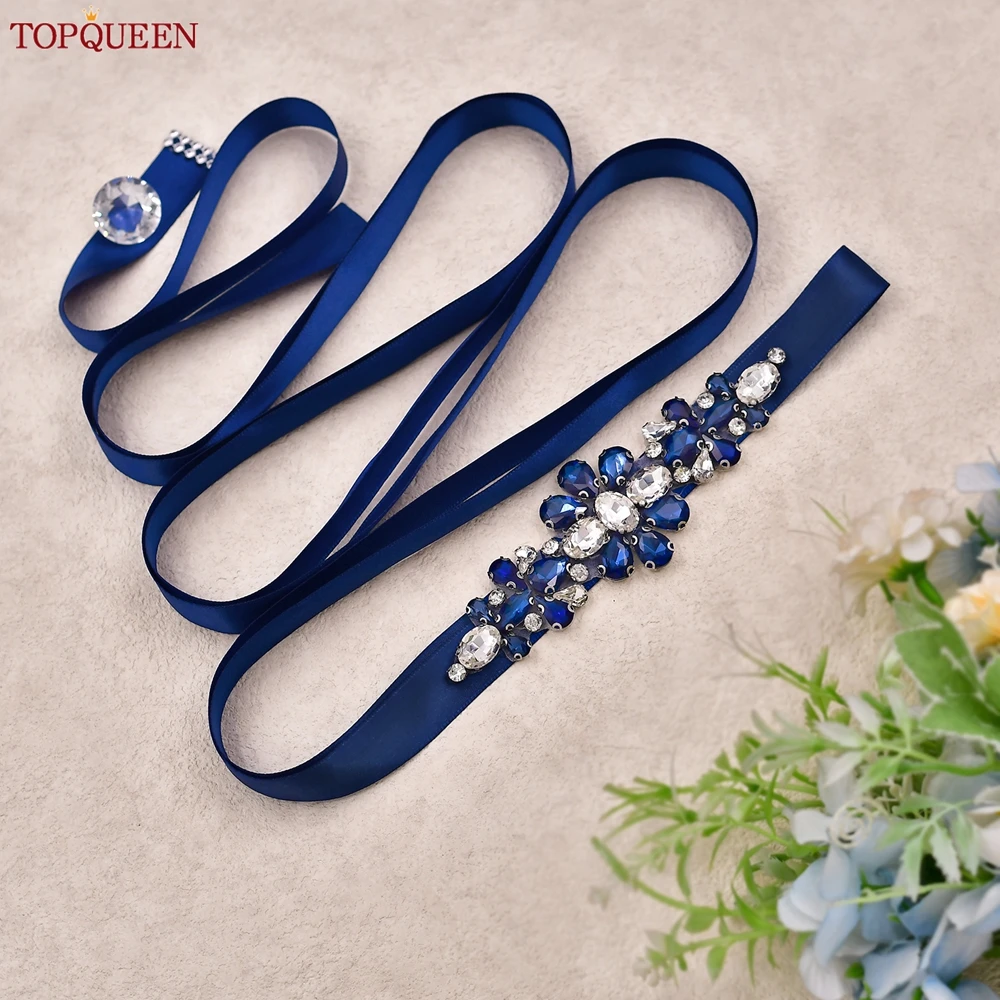 TOPQUEEN Handmade Wedding Belt Navy Blue Stone Floral Design Bridal Ribbon Belt Wedding Accessories Bridesmaid Sash S45-ML