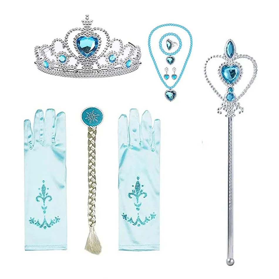 Princess Elsa Cosplay Accessories Gloves Wand Crown Jewelry Set Elsa Wig Braid For Snow Queen Princess Dress Clothes Cosplay
