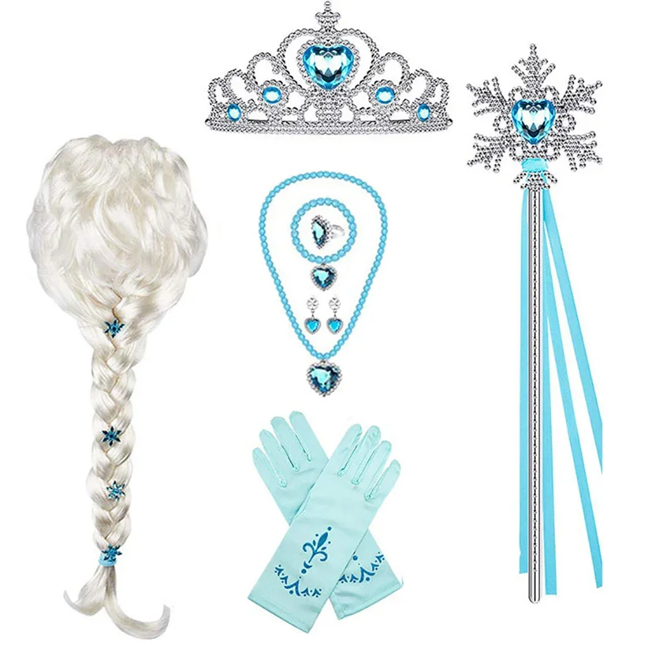 Princess Elsa Cosplay Accessories Gloves Wand Crown Jewelry Set Elsa Wig Braid For Snow Queen Princess Dress Clothes Cosplay