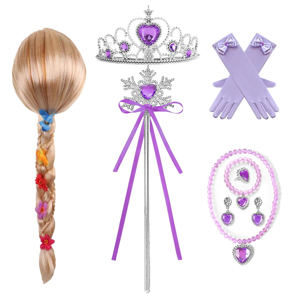 Princess Elsa Cosplay Accessories Gloves Wand Crown Jewelry Set Elsa Wig Braid For Snow Queen Princess Dress Clothes Cosplay