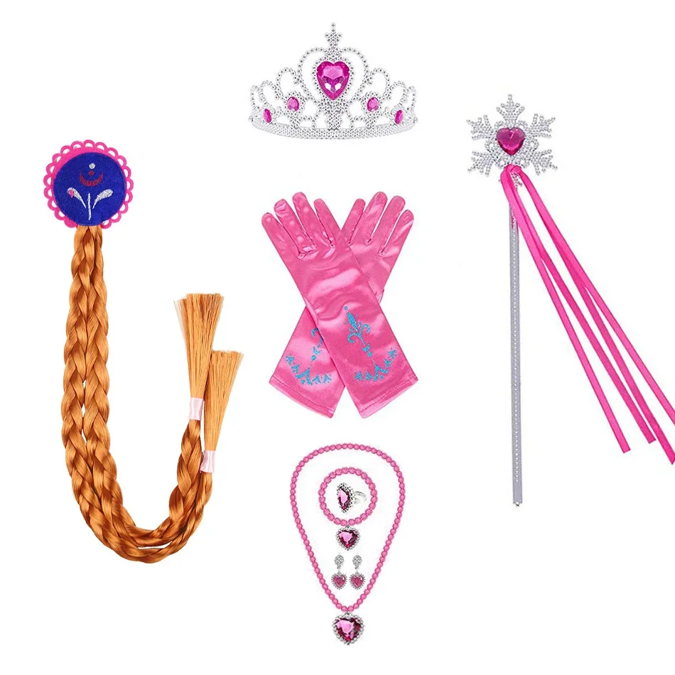 Princess Elsa Cosplay Accessories Gloves Wand Crown Jewelry Set Elsa Wig Braid For Snow Queen Princess Dress Clothes Cosplay