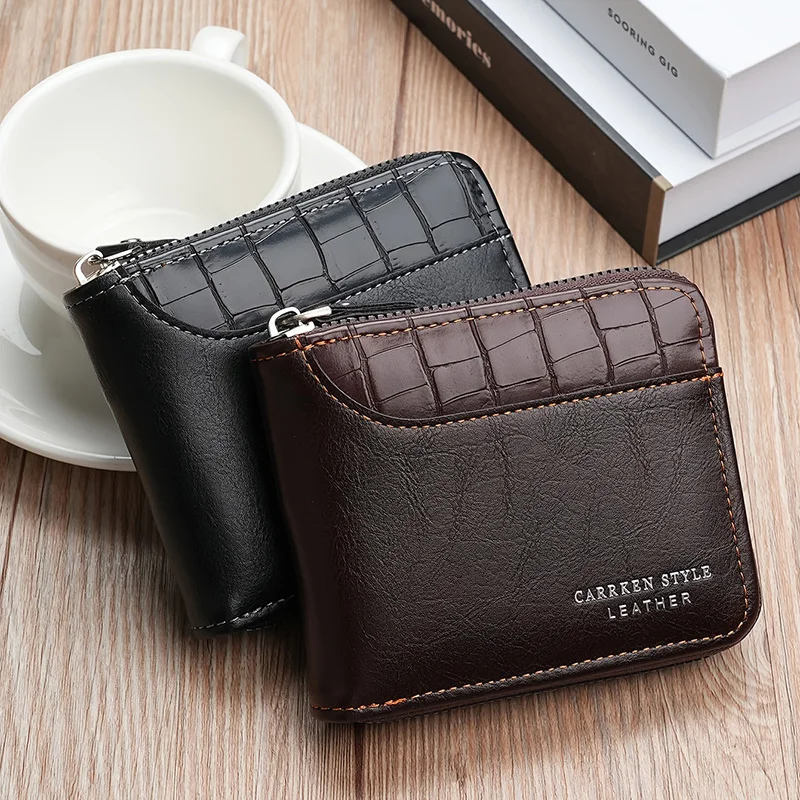 New Short Men Zipper Wallet Luxury Coin Pocket Retro Male Patchwork Purse Quality ID Card Holder Stone Pattern Wallet For Men