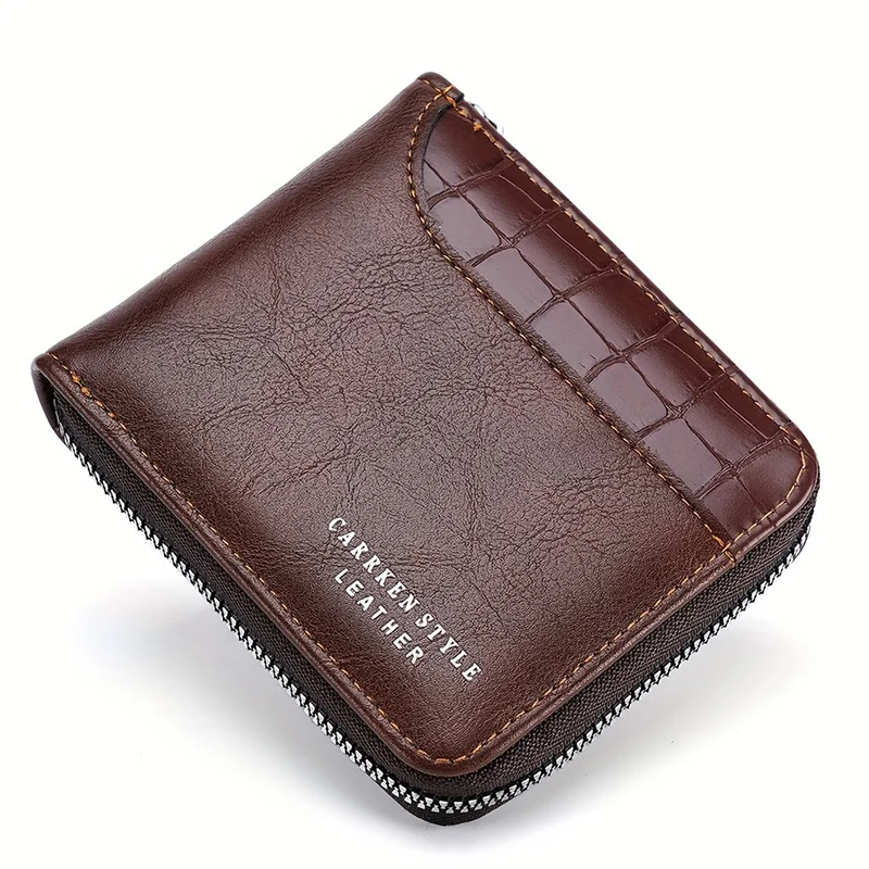 New Short Men Zipper Wallet Luxury Coin Pocket Retro Male Patchwork Purse Quality ID Card Holder Stone Pattern Wallet For Men
