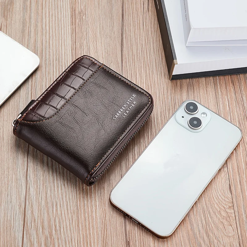 New Short Men Zipper Wallet Luxury Coin Pocket Retro Male Patchwork Purse Quality ID Card Holder Stone Pattern Wallet For Men