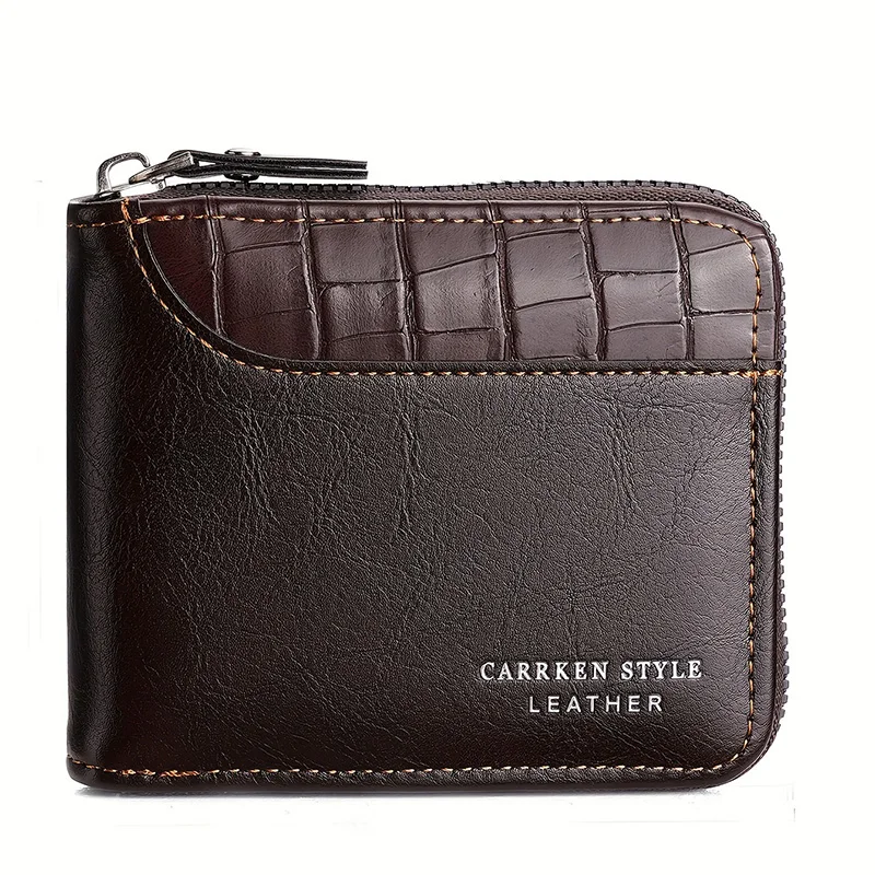 New Short Men Zipper Wallet Luxury Coin Pocket Retro Male Patchwork Purse Quality ID Card Holder Stone Pattern Wallet For Men