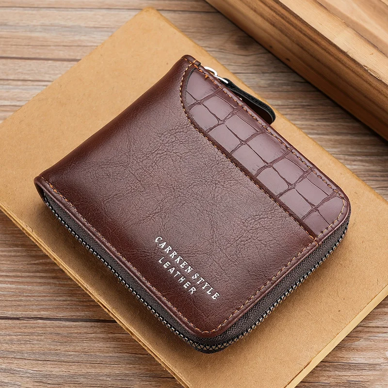 New Short Men Zipper Wallet Luxury Coin Pocket Retro Male Patchwork Purse Quality ID Card Holder Stone Pattern Wallet For Men