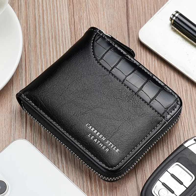 New Short Men Zipper Wallet Luxury Coin Pocket Retro Male Patchwork Purse Quality ID Card Holder Stone Pattern Wallet For Men