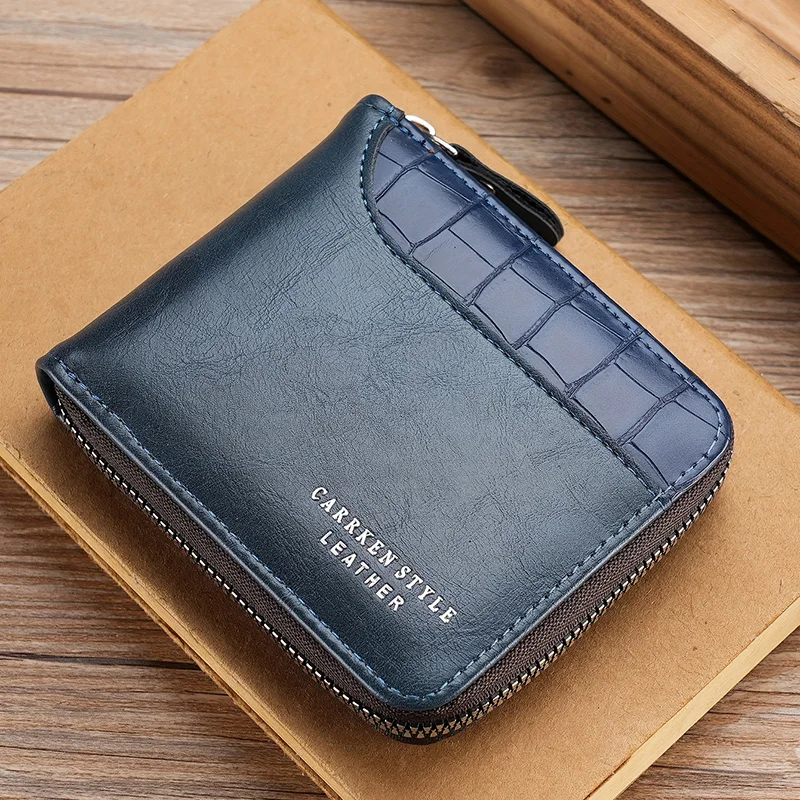 New Short Men Zipper Wallet Luxury Coin Pocket Retro Male Patchwork Purse Quality ID Card Holder Stone Pattern Wallet For Men