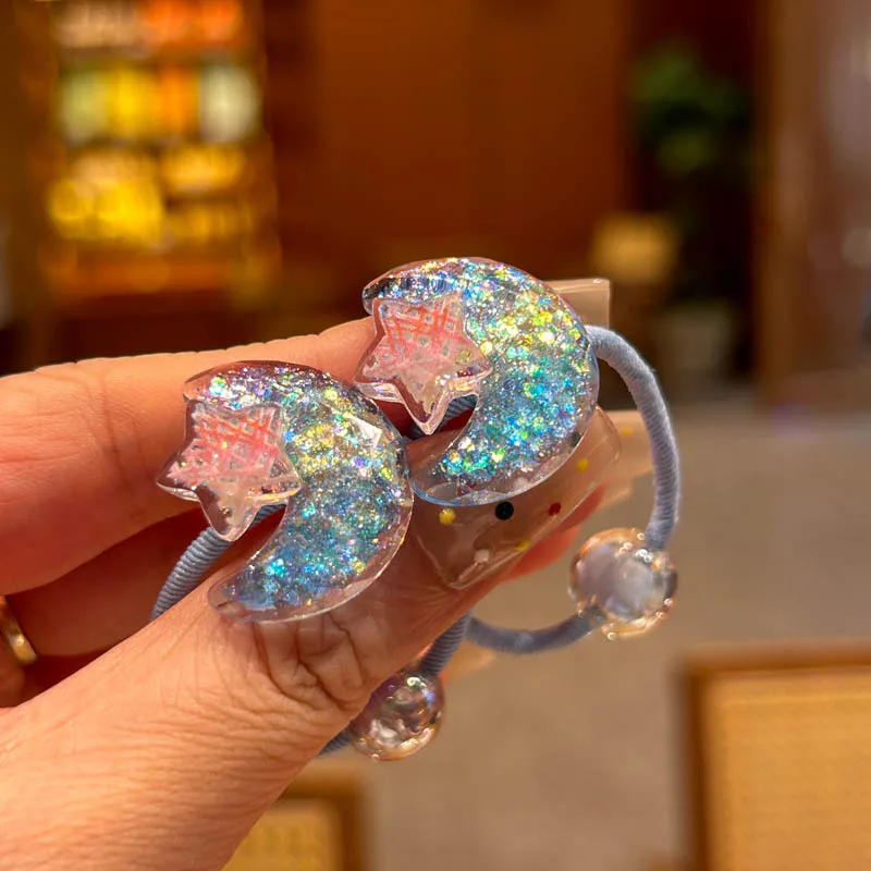 2PCS Cartoon Beaded Clouds Moon Swan Girls Lovely Elastic Hair Bands Princess Hair Accessories Children Hair Ties Baby Headwear