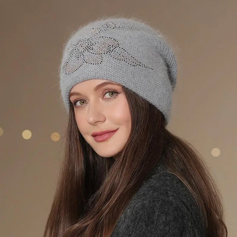 New Women Winter Hat Fashion Decorate Beanie Hat Rabbit Fur Blend Warm Winter Cap For Female Casual Streetwear Knitted Hat