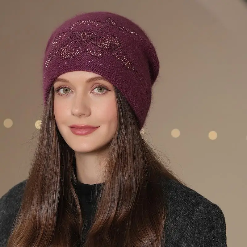 New Women Winter Hat Fashion Decorate Beanie Hat Rabbit Fur Blend Warm Winter Cap For Female Casual Streetwear Knitted Hat