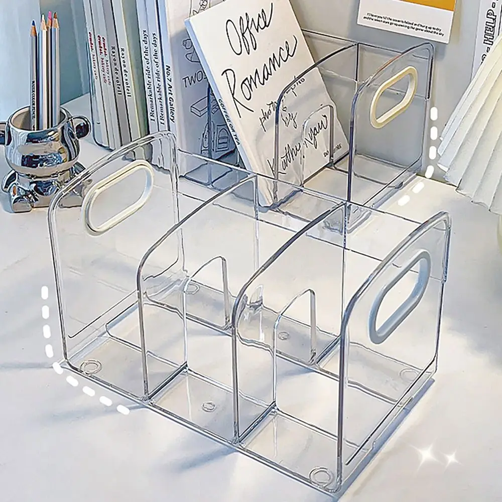 Clear Acrylic Bookends Convenient Desk Organizer with Handle Desktop Sorting Rack Divided Book Stand Study Supplies