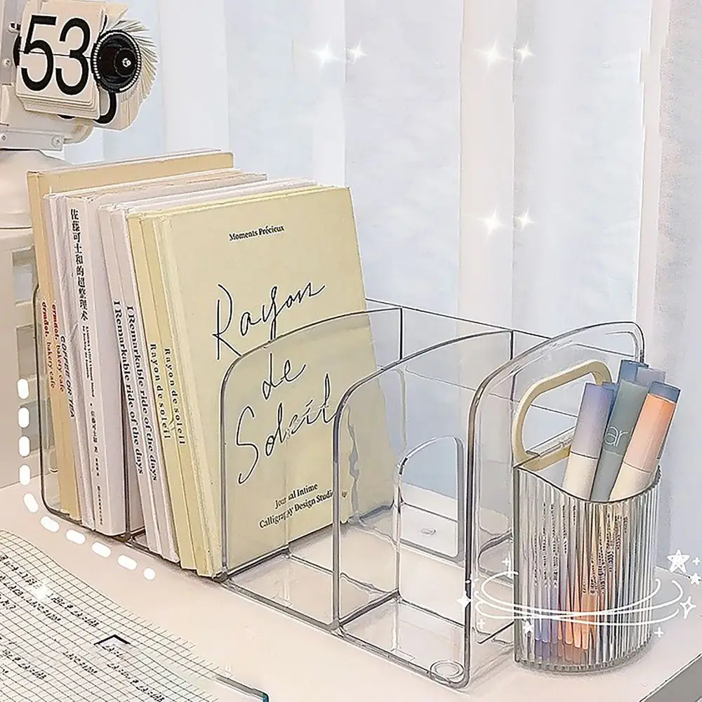Clear Acrylic Bookends Convenient Desk Organizer with Handle Desktop Sorting Rack Divided Book Stand Study Supplies