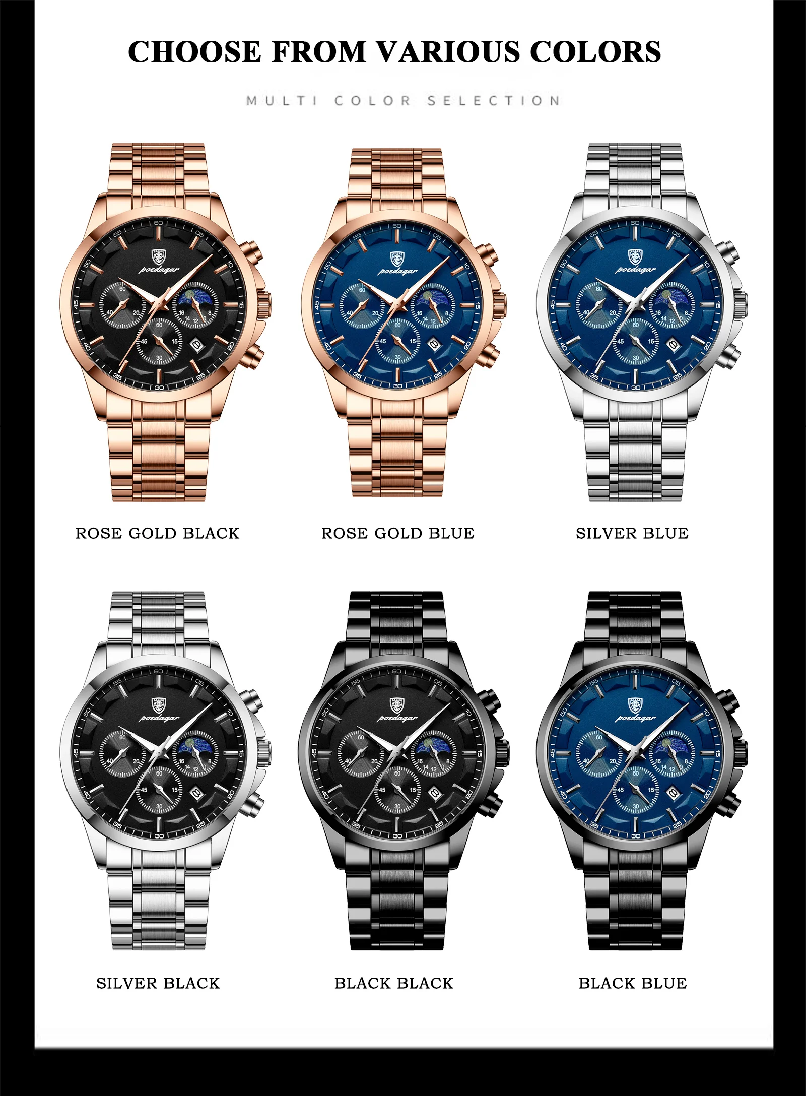 POEDAGAR Luxury Man Wristwatch Military Waterproof Luminous Chronograph Men Watch Stainless Steel Men's Quartz Watches+box Reloj