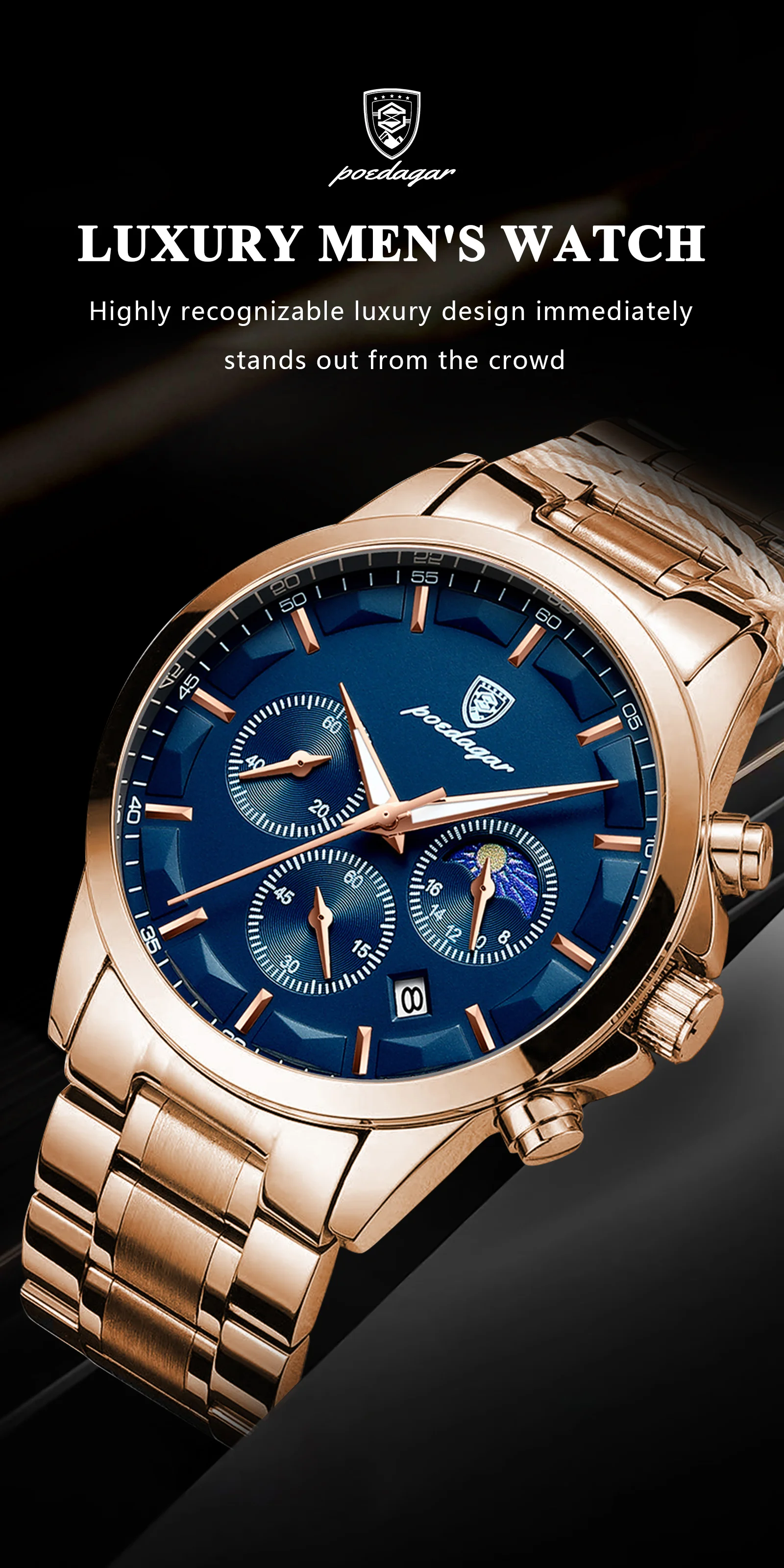 POEDAGAR Luxury Man Wristwatch Military Waterproof Luminous Chronograph Men Watch Stainless Steel Men's Quartz Watches+box Reloj