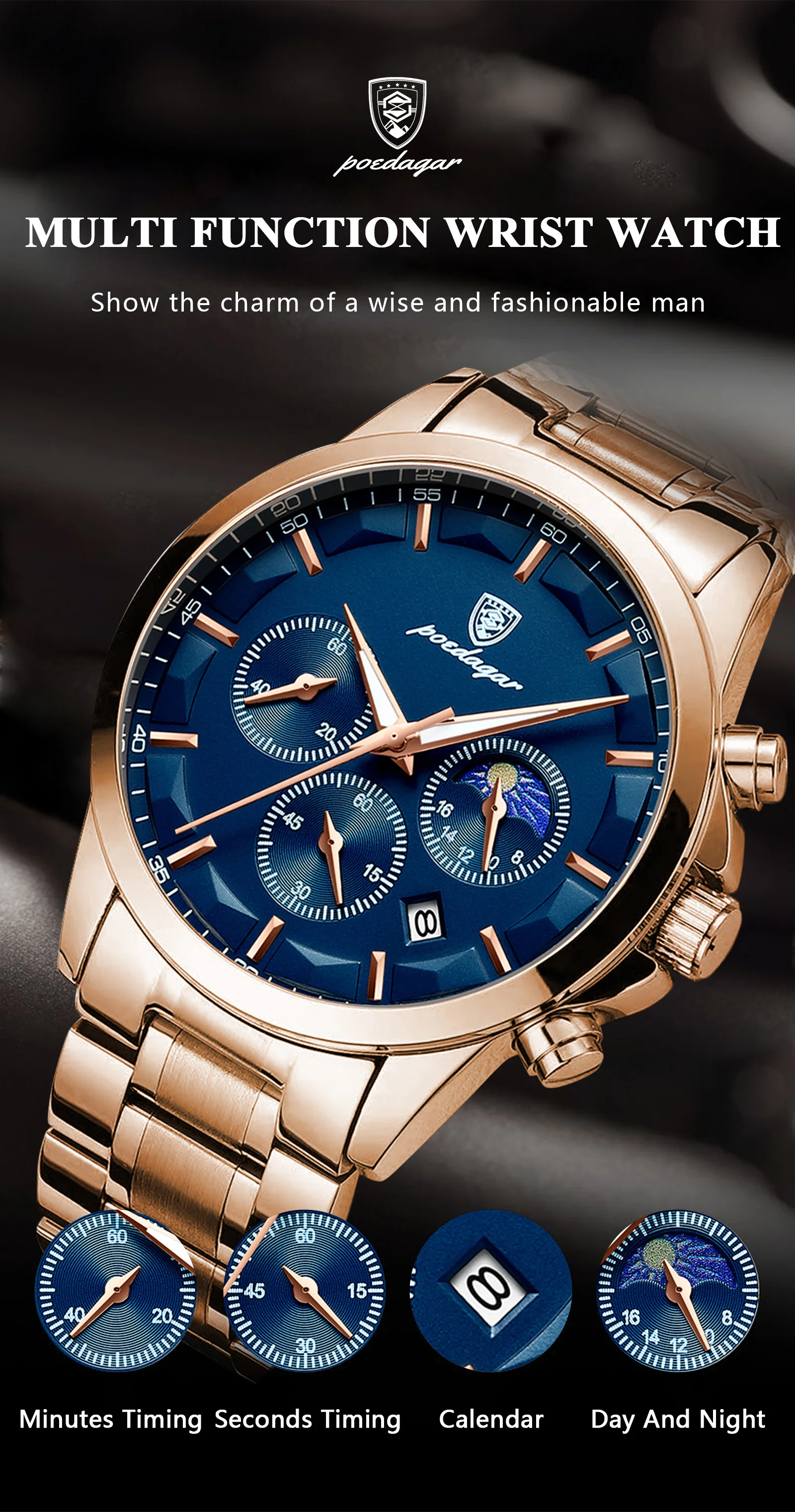 POEDAGAR Luxury Man Wristwatch Military Waterproof Luminous Chronograph Men Watch Stainless Steel Men's Quartz Watches+box Reloj