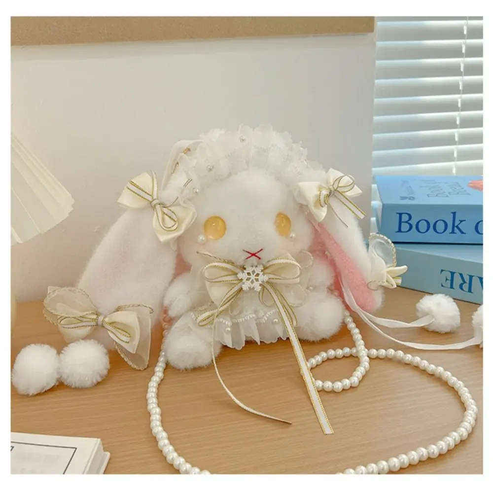 New Cute Bunny Plush Bag Lolita Element Shoulder Bag Kawaii Princess Sweet Pearl Chain Crossbody Bags Long-eared Rabbit Purse