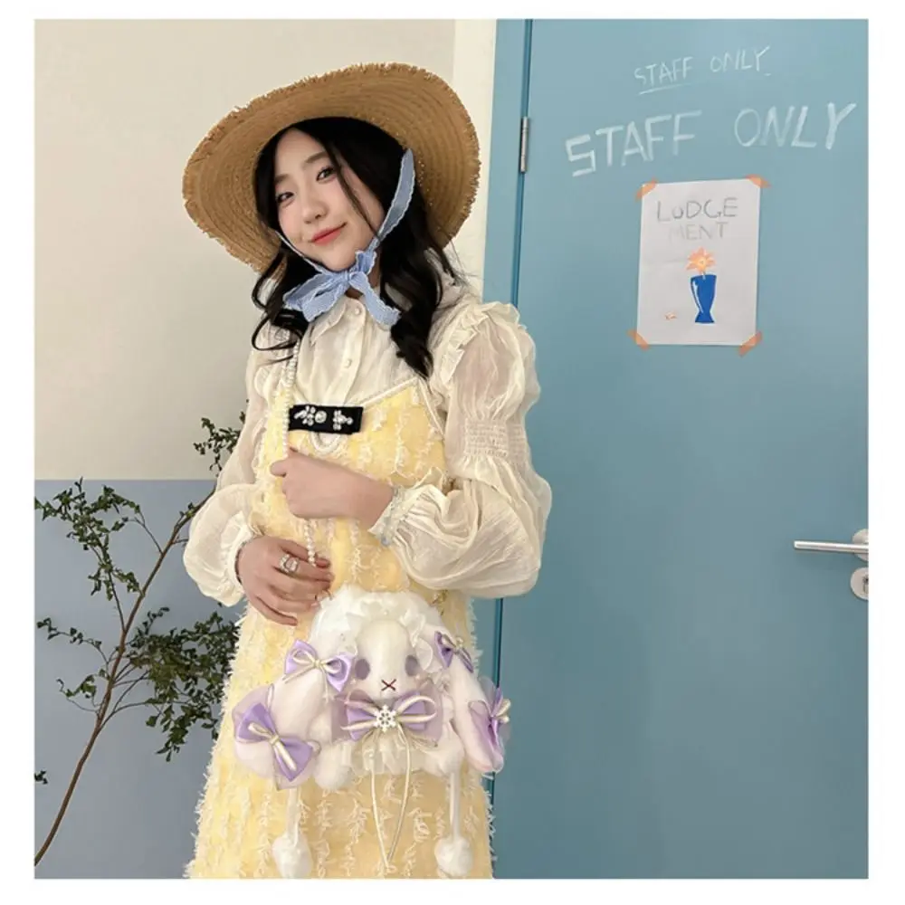 New Cute Bunny Plush Bag Lolita Element Shoulder Bag Kawaii Princess Sweet Pearl Chain Crossbody Bags Long-eared Rabbit Purse