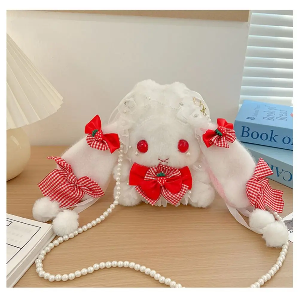 New Cute Bunny Plush Bag Lolita Element Shoulder Bag Kawaii Princess Sweet Pearl Chain Crossbody Bags Long-eared Rabbit Purse