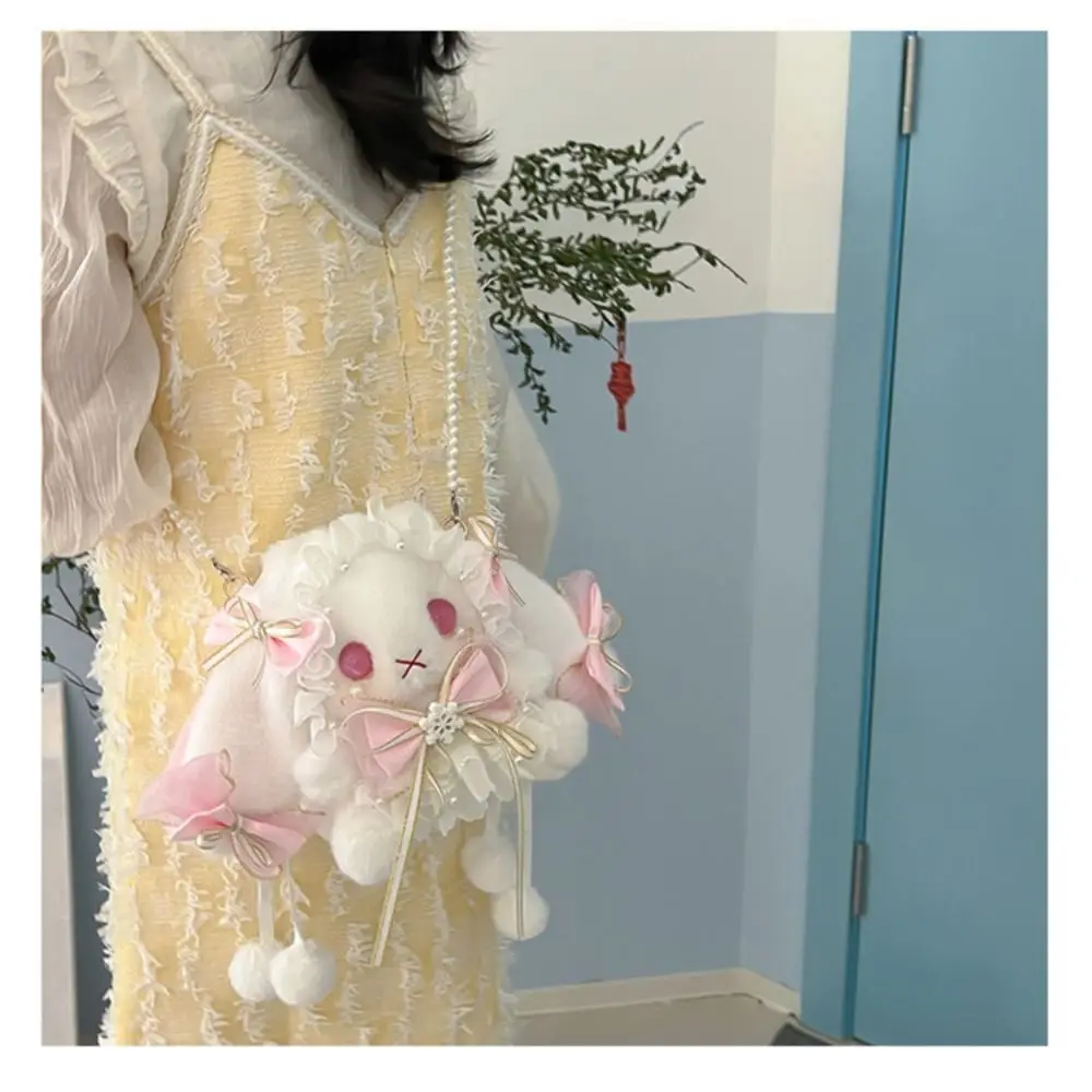 New Cute Bunny Plush Bag Lolita Element Shoulder Bag Kawaii Princess Sweet Pearl Chain Crossbody Bags Long-eared Rabbit Purse