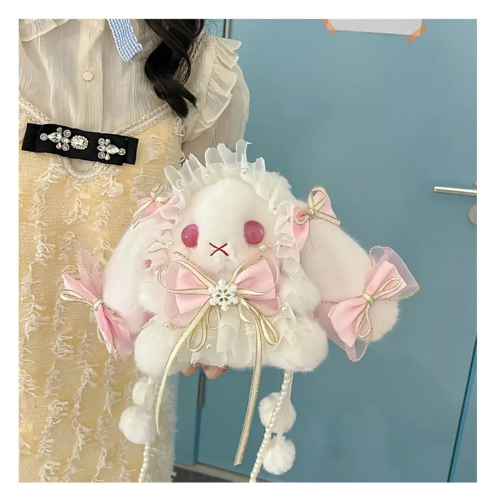 New Cute Bunny Plush Bag Lolita Element Shoulder Bag Kawaii Princess Sweet Pearl Chain Crossbody Bags Long-eared Rabbit Purse