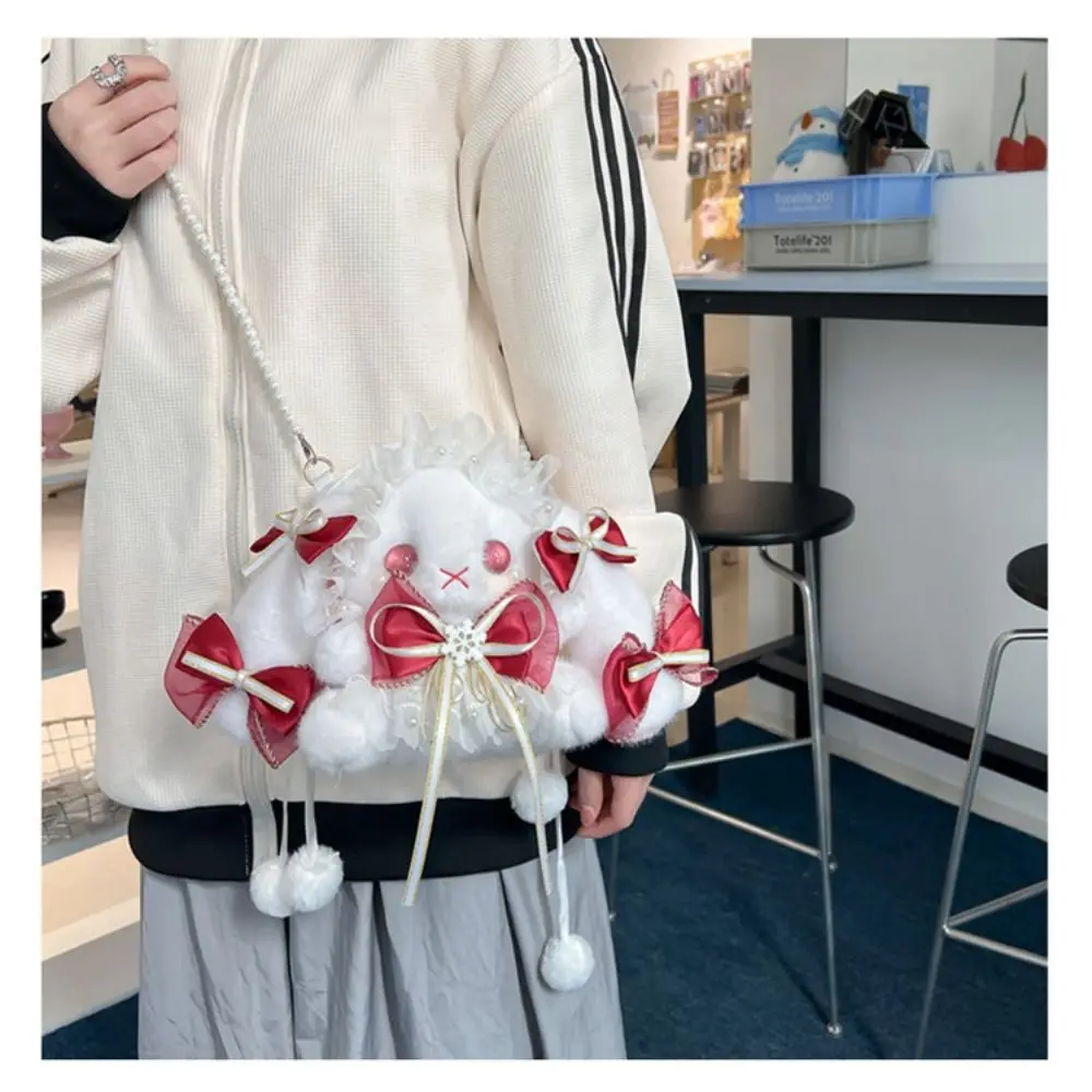New Cute Bunny Plush Bag Lolita Element Shoulder Bag Kawaii Princess Sweet Pearl Chain Crossbody Bags Long-eared Rabbit Purse
