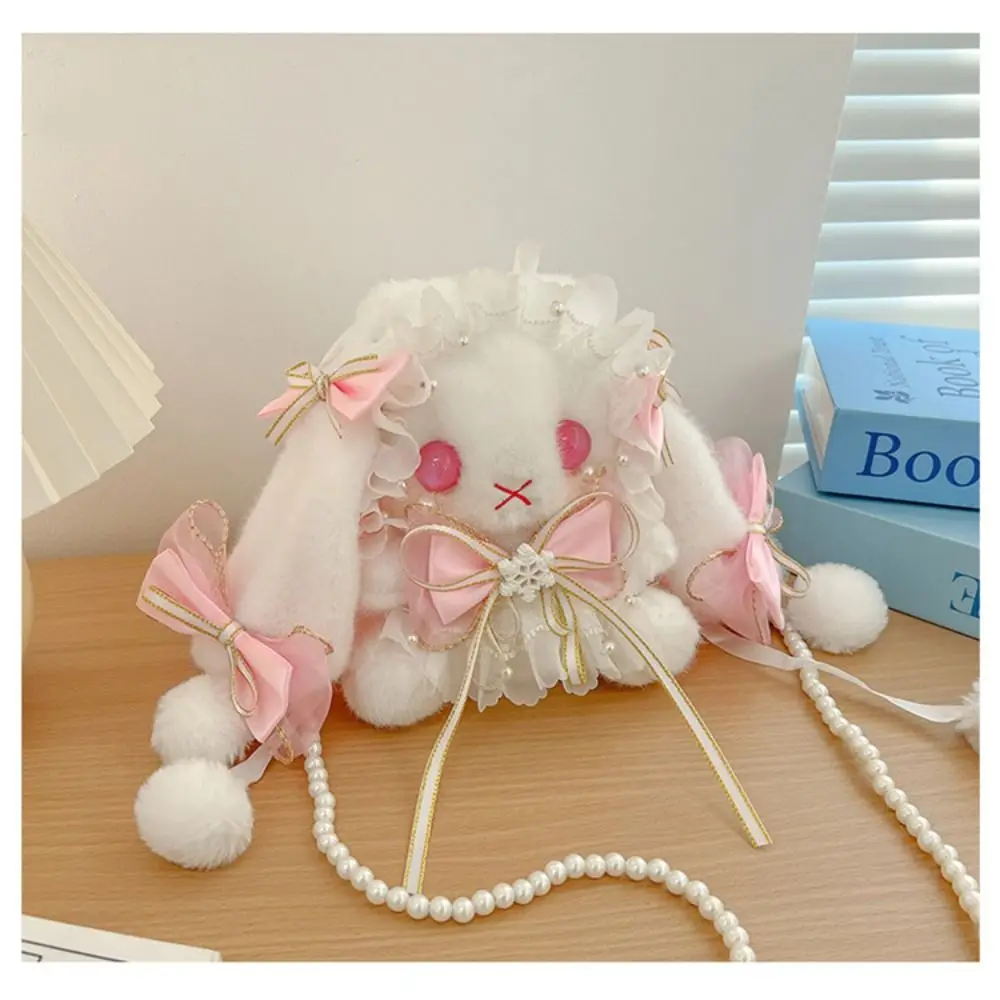 New Cute Bunny Plush Bag Lolita Element Shoulder Bag Kawaii Princess Sweet Pearl Chain Crossbody Bags Long-eared Rabbit Purse