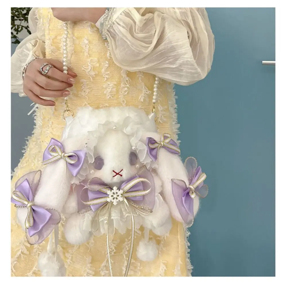 New Cute Bunny Plush Bag Lolita Element Shoulder Bag Kawaii Princess Sweet Pearl Chain Crossbody Bags Long-eared Rabbit Purse