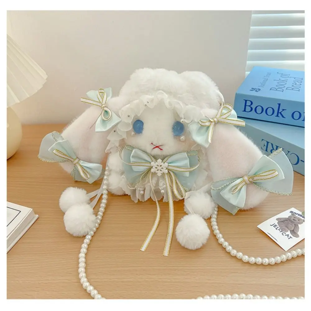 New Cute Bunny Plush Bag Lolita Element Shoulder Bag Kawaii Princess Sweet Pearl Chain Crossbody Bags Long-eared Rabbit Purse