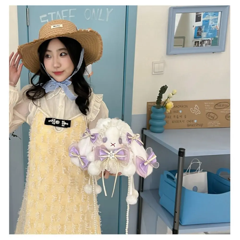 New Cute Bunny Plush Bag Lolita Element Shoulder Bag Kawaii Princess Sweet Pearl Chain Crossbody Bags Long-eared Rabbit Purse